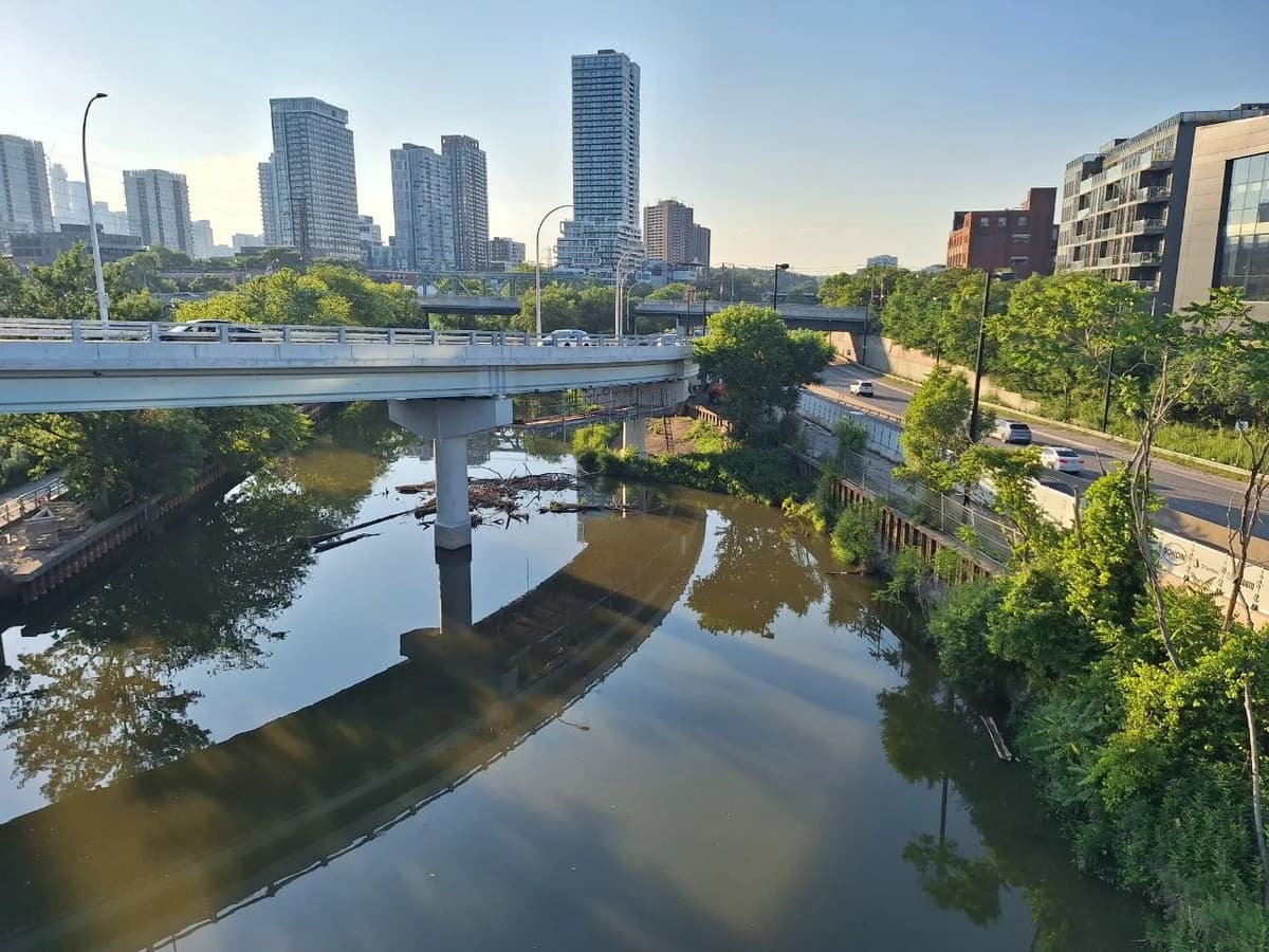 A city skyline above a river