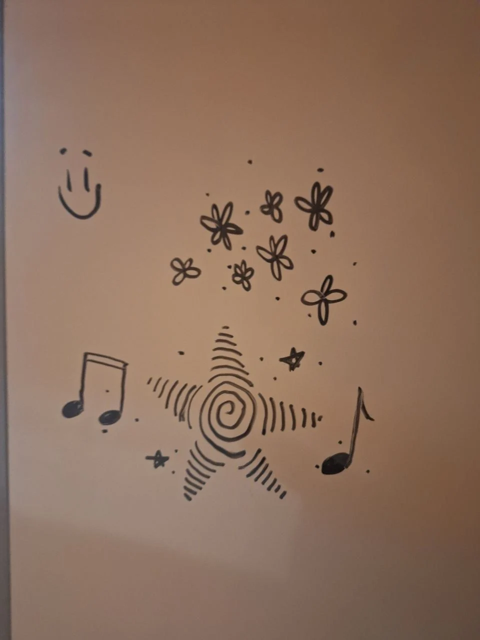 A wall of hand-drawn flowers, music and small doodles